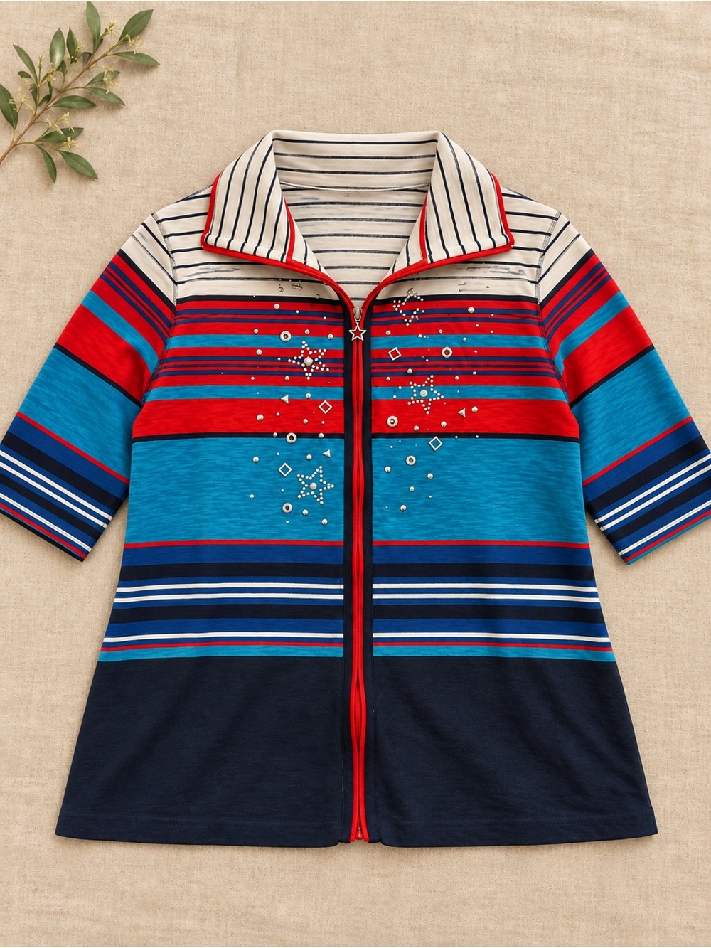 Onque Woman Kids Striped Zip Swim Coverup - Navy, Red & Teal